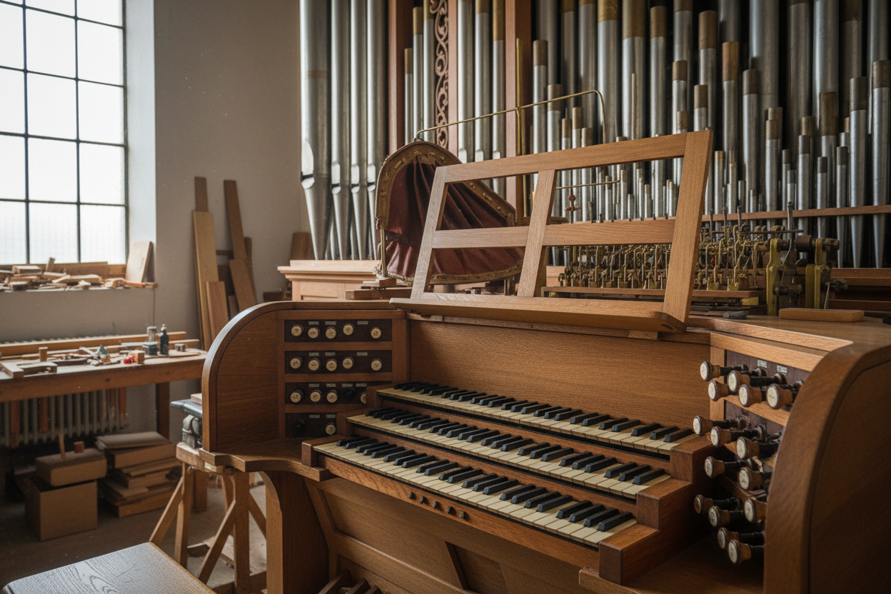 Detailed close-up of pipe organ console and pipe components, organ keys, wooden manuals, metal organ pipes and precision parts, photographed in a classical organ workshop. Soft directional light, elegant and timeless aesthetic, authentic organ craftsmanship, neutral tones, no people, no text, high detail, professional commercial photography.