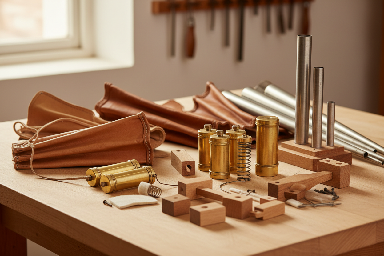 High-resolution professional product photography of traditional pipe organ components, including pneumatic valves, leather bellows, wooden and metal mechanical parts, arranged on a clean workshop table. Warm natural lighting, realistic textures, craftsmanship focus, historical organ building atmosphere, neutral background, no people, no text, ultra-sharp, premium quality.