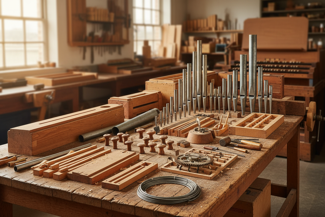 Wide professional photograph of assorted pipe organ components arranged on a workshop table, including wooden parts, metal pipes and mechanical elements, warm natural light, traditional organ building craftsmanship, clean composition, no people, no text.